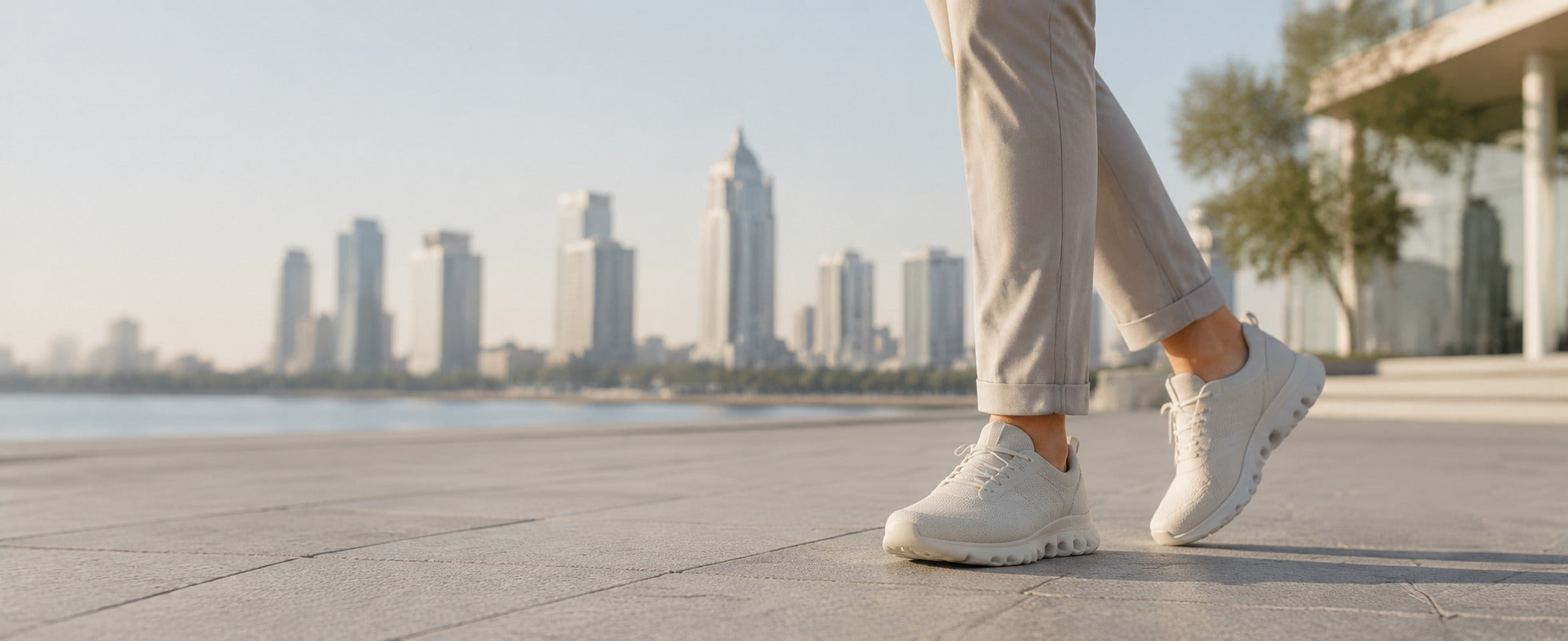 A person walking comfortably in white shoes